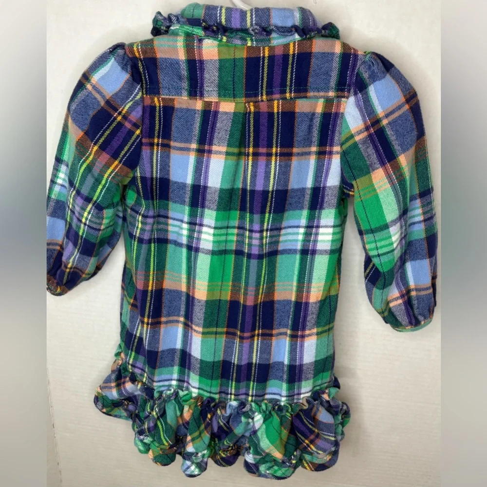 Ralph Lauren Baby Girl Blue/Green Plaid Flannel Ruffle Shirt Dress 18mon